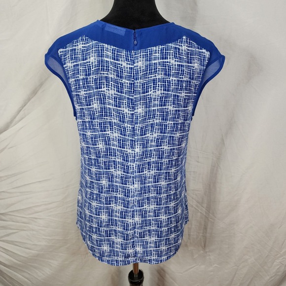 HALOGEN Size Small Japanese Grid Print Round Neck Cap Sleeve Chiffon Work Blouse - Picture 5 of 10